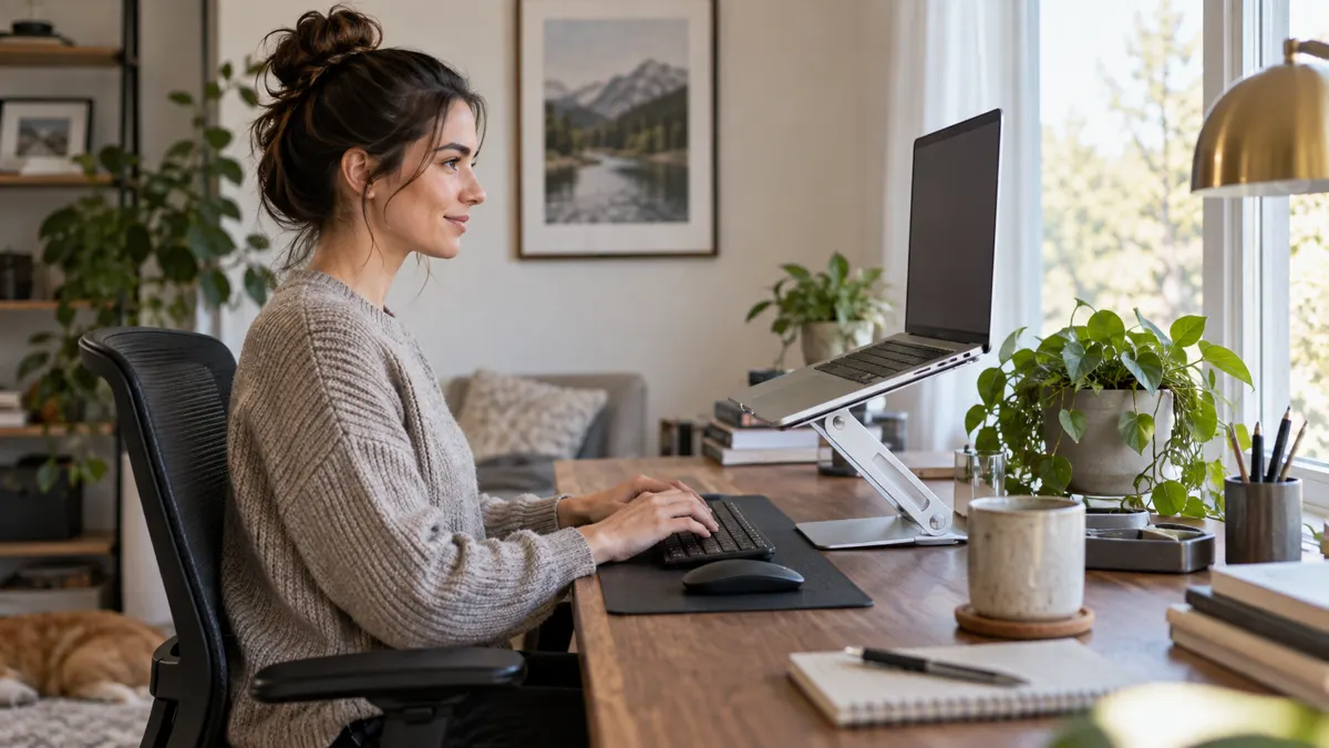A laptop on an adjustable stand with an ergonomic desk setup