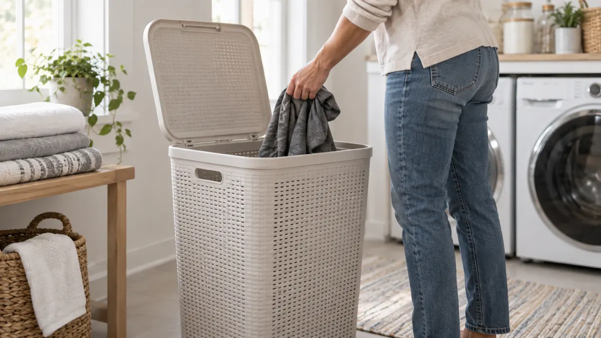 A lidded laundry hamper in a bright laundry room