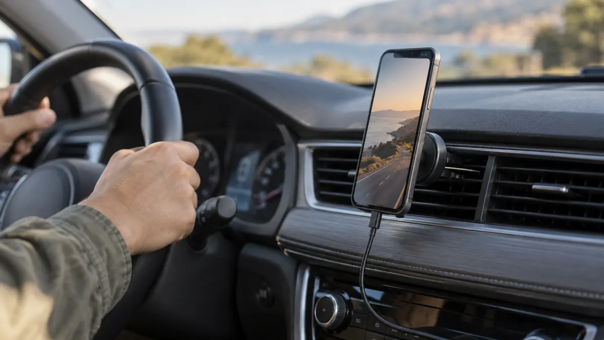 A magnetic car phone mount with a neatly routed charging cable