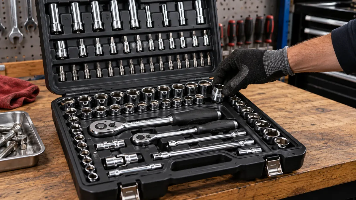 A mechanic selecting sockets from an organized tool set