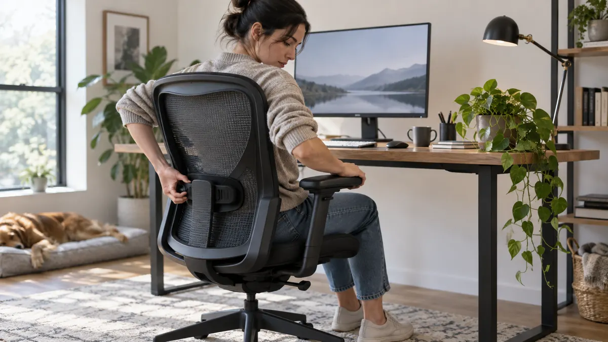 An ergonomic mesh office chair adjusted at a home work desk