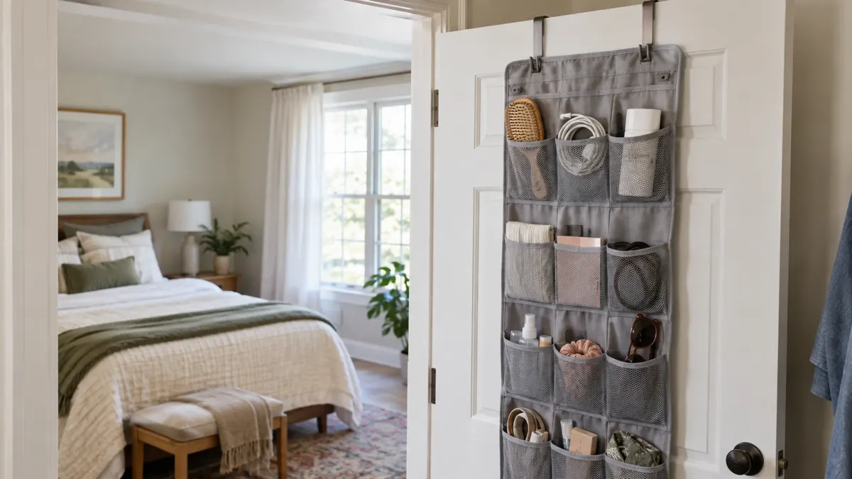 An over-the-door organizer showing hooks and door clearance