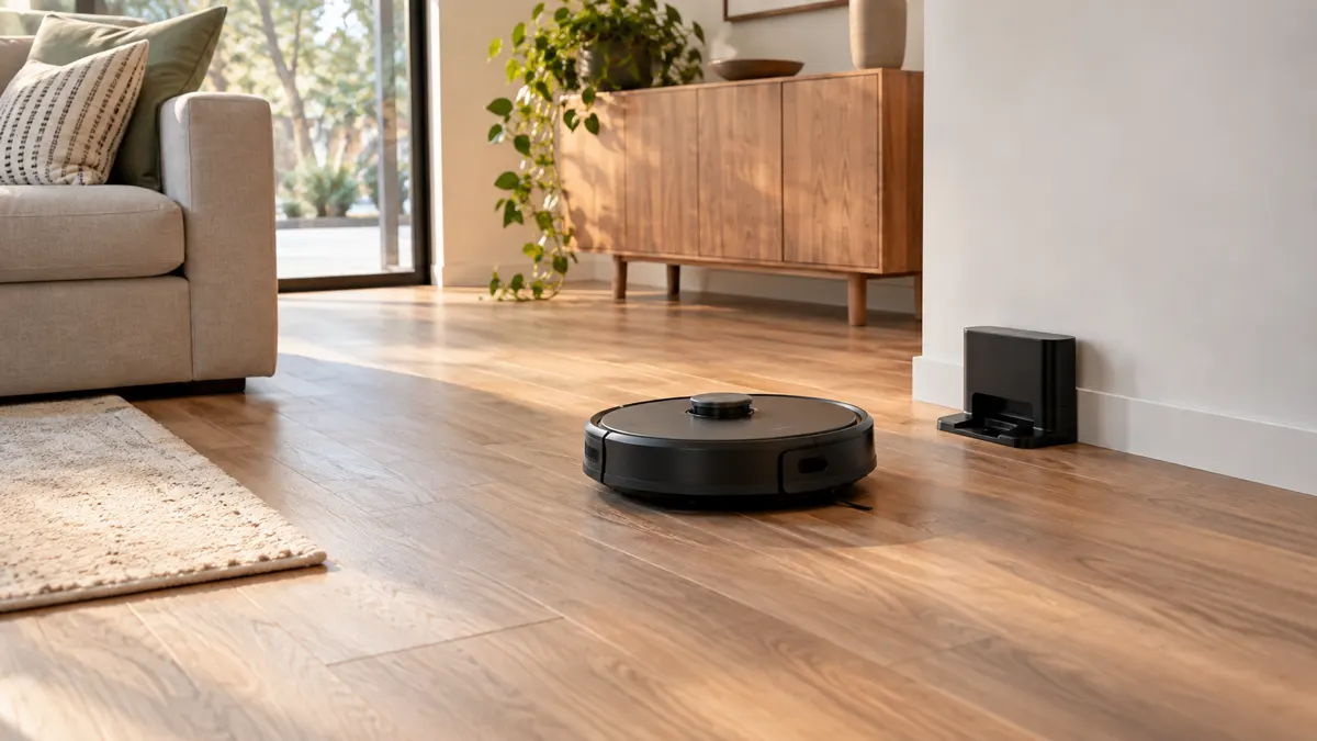 A robot vacuum returning to a dock with clear floor space