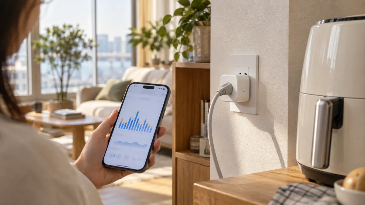 A smart plug monitoring electricity use beside a home appliance