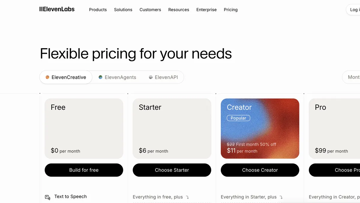 AI 음성 생성 서비스 공식 요금 페이지에서 Free, Starter, Creator, Pro 플랜 월 요금을 비교한 화면
