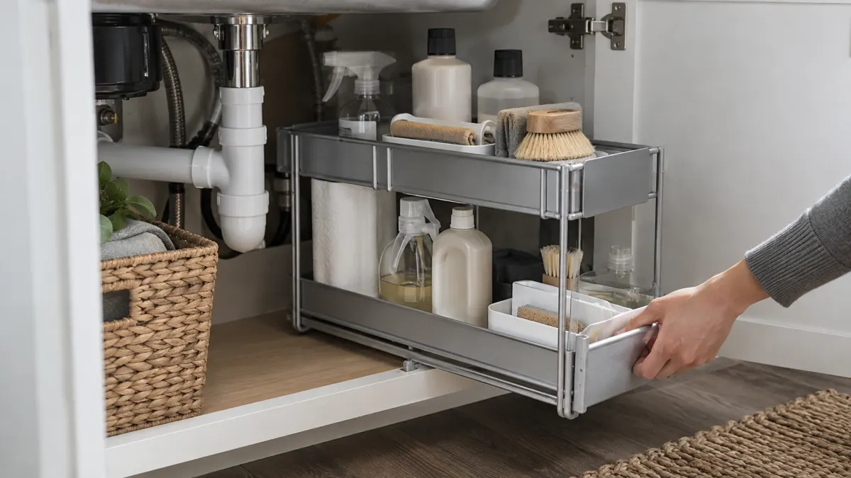 An under-sink pull-out organizer fitted around kitchen plumbing