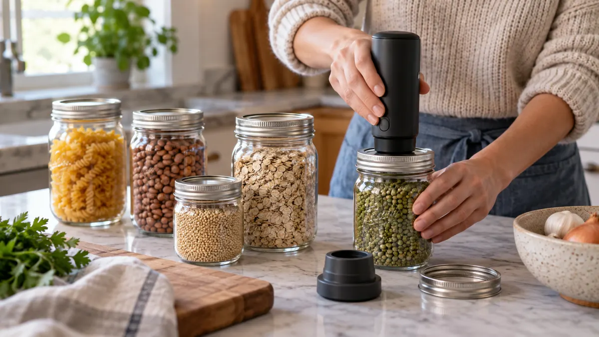 Mason jars and a vacuum-sealing attachment in use in a kitchen