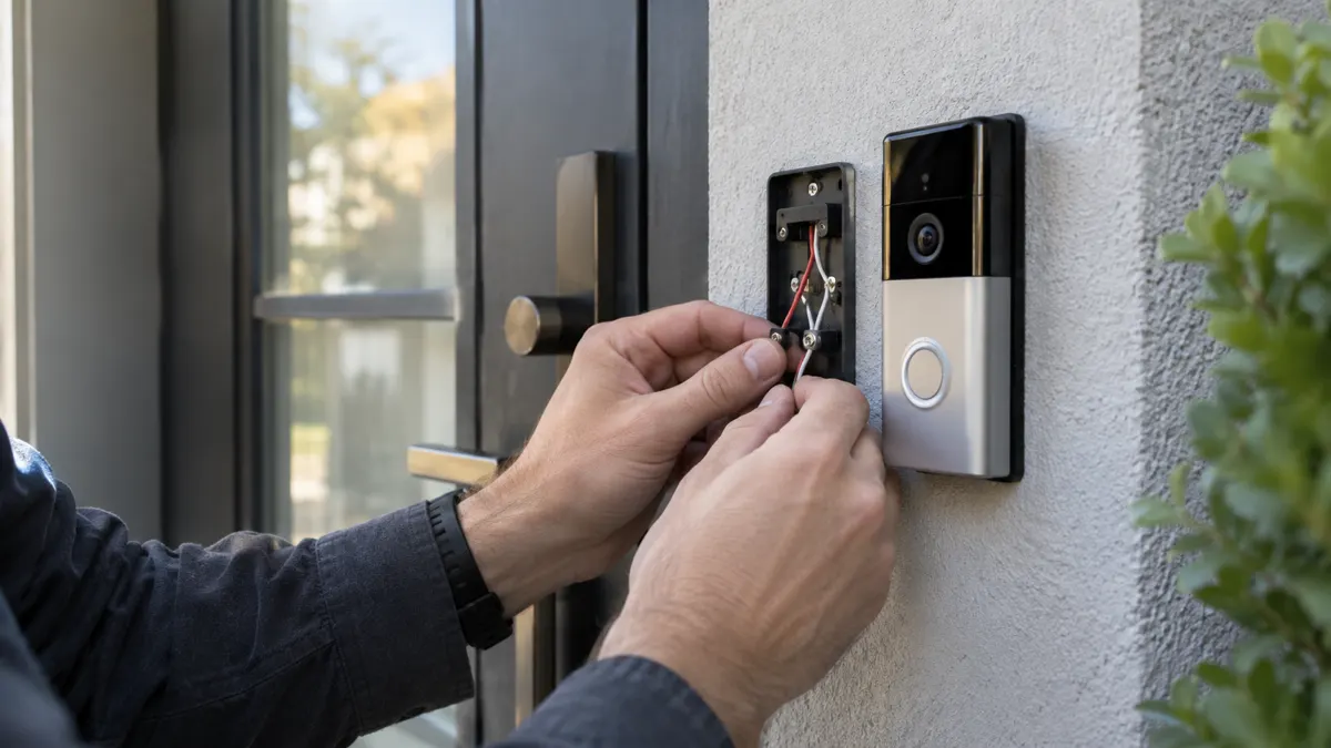 A wired doorbell being installed at an apartment entrance